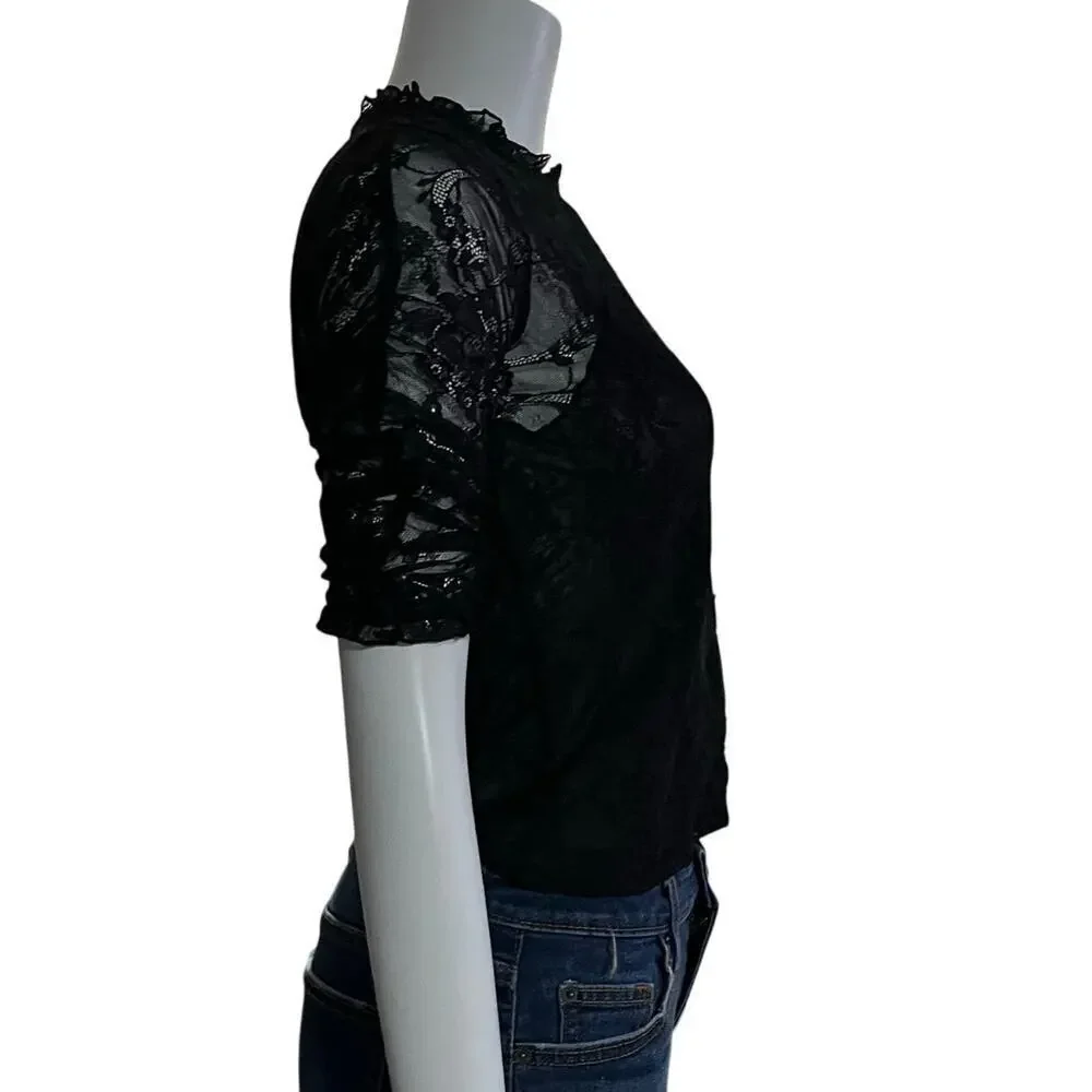 By Anthropologie Womens VNeck Lace Ruched Sleeve Blouse Size Extra Small